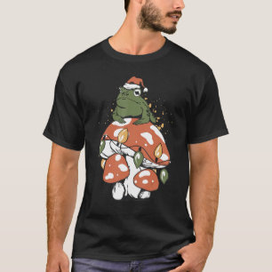 Cottagecore Christmas Santa Hat Frog on Mushroom T-Shirt