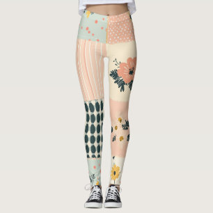 Cottagecore Coral Pastel Floral Patchwork Quilt Leggings