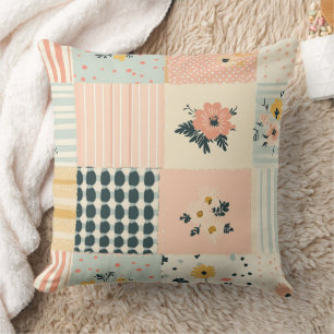 Cottagecore Coral Pastel Floral Patchwork Quilt Throw Pillow