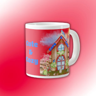 Cottagecore Cozy & Cute colourful on red   Large Coffee Mug