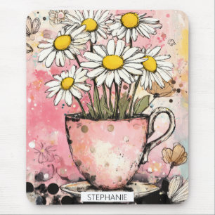 Cottagecore Daisy Bouquet in a Blush Teacup Mouse Pad