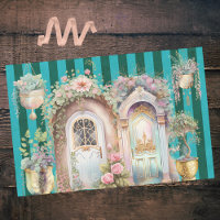 Cottagecore Doorways and Flowers on Green Stripes