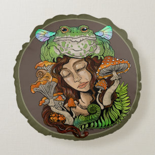 Cottagecore Fairy Frog Round Pillow