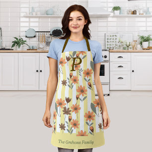 Cottagecore Fall Floral Stripes Custom Monogram Apron
