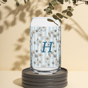 Cottagecore Fall Floral Stripes Custom Monogram Can Glass
