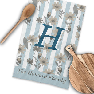 Cottagecore Fall Floral Stripes Custom Monogram Kitchen Towel