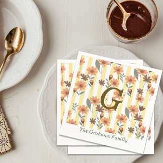 Cottagecore Fall Floral Stripes Custom Monogram Napkin
