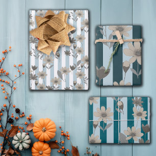 Cottagecore Fall Floral Stripes Thanksgiving Gifts Wrapping Paper Sheet