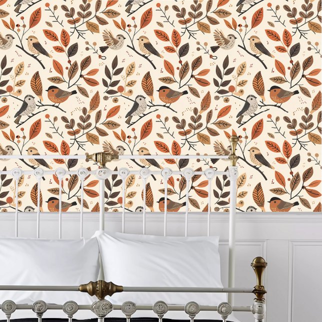 Cottagecore Fall Spirit Birds Wallpaper (Cottagecore Fall Spirit Birds Wallpaper behind a white metal framed bed.)