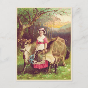 Cottagecore Farmer Woman with Cows Watercolor Postcard