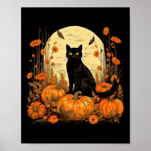 Cottagecore Floral Black Cat Pumpkins Fall Autumn  Poster