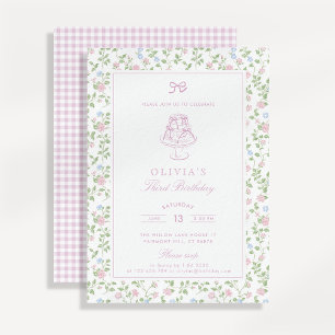 Cottagecore floral, pastel gingham birthday  invitation