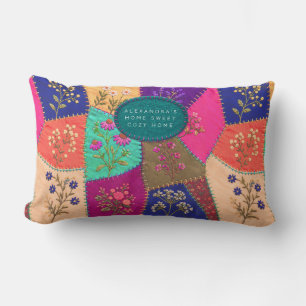Cottagecore Floral Patchwork Embroidered Effect Lumbar Pillow