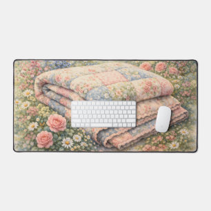 Cottagecore Floral Patchwork Quilt Watercolor Desk Mat