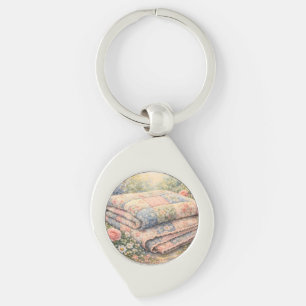 Cottagecore Floral Patchwork Quilt Watercolor Keychain
