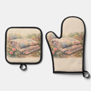 Cottagecore Floral Patchwork Quilt Watercolor Oven Mitt & Pot Holder Set
