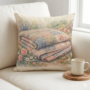 Cottagecore Floral Patchwork Quilt Watercolor Throw Pillow