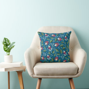 Cottagecore Floral Pillow in Deep Blue and Red