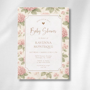 Cottagecore Floral Pink Hydrangea Gold Baby Shower Invitation