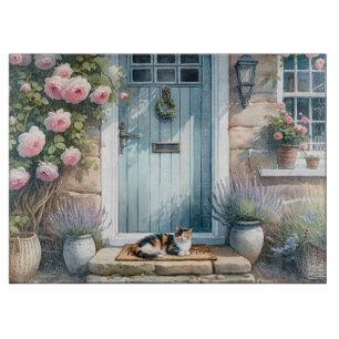Cottagecore Floral Porch with Calico Cat Cutting Board