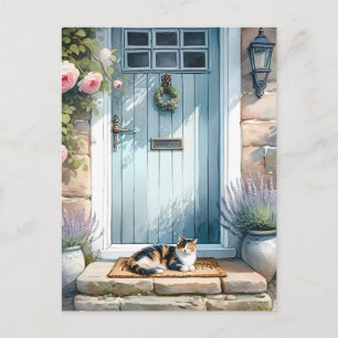 Cottagecore Floral Porch with Calico Cat Postcard