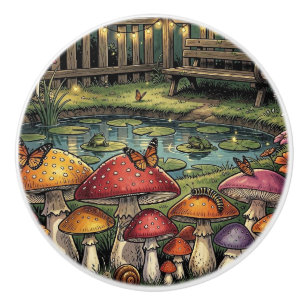 Cottagecore Forest Scene   Whimsical Mushrooms Ceramic Knob