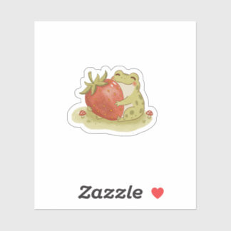 Cottagecore Frog Hugging Strawberry Illustration