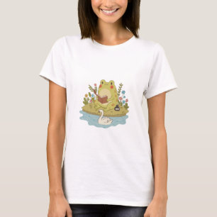Cottagecore Frog Reading a Book Illustration T-Shirt