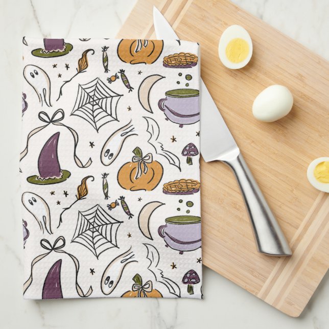 Cottagecore Halloween Pattern Kitchen Towel (Quarter Fold)