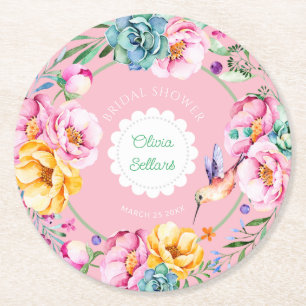 Cottagecore Hummingbird Bridal Shower Round Paper Coaster