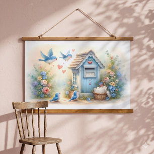 Cottagecore Love Letters Bluebird Mailbox Hanging Tapestry