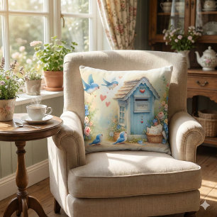 Cottagecore Love Letters Bluebird Mailbox Throw Pillow