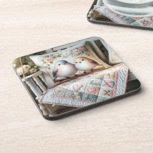 Cottagecore Lovebird Floral Quilt Scene Coaster