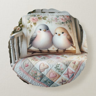 Cottagecore Lovebird Floral Quilt Scene Round Pillow