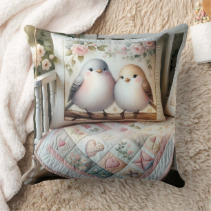 Cottagecore Lovebird Floral Quilt Scene Throw Pillow