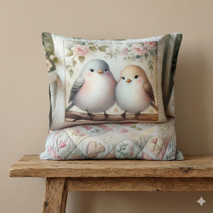 Cottagecore Lovebird Floral Quilt Scene Throw Pillow
