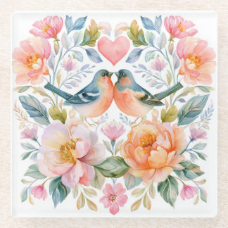 Cottagecore Lovebirds Floral Watercolor Glass Coaster