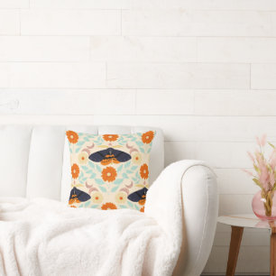 Cottagecore Moth Pattern Art   Retro Floral Design Throw Pillow