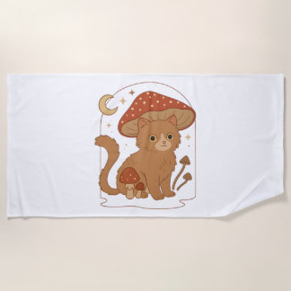 Cottagecore Mushroom Cat with Hat – Cute Vintage G Beach Towel