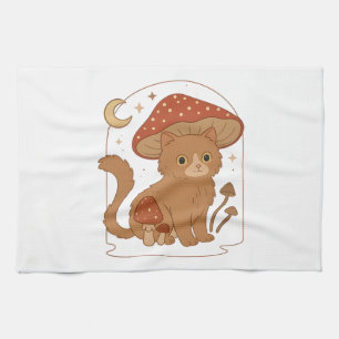 Cottagecore Mushroom Cat with Hat � Cute Vintage G Kitchen Towel