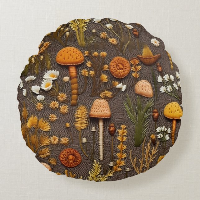 Cottagecore Mushroom Embroidery Round Pillow (Front)