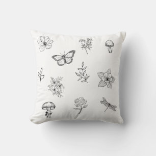 Cottagecore - mushroom, flower, butterfly throw pillow
