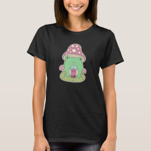 Cottagecore Mushroom Hat Frog Drinking Boba Tea Cu T-Shirt