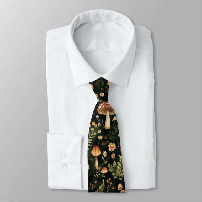 Cottagecore Mushroom Pattern Dark Tie (Tied)