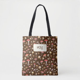 Cottagecore Mushroom Pattern Monogram Boho Tote B