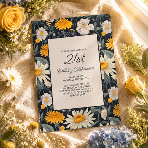 Cottagecore Navy Blue White Yellow  21st Birthday Invitation