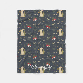 Cottagecore Navy Botanical Red Mushroom Woodland  Fleece Blanket