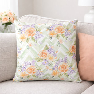 Cottagecore Peach Lavender Sage Floral Pattern Throw Pillow