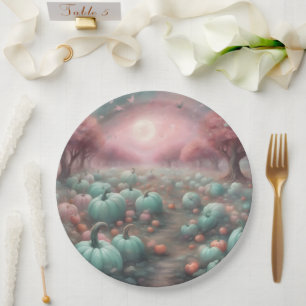 Cottagecore personalized Pink & Mint Pumpkin Patch Paper Plate