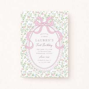 Cottagecore Pink Bow Floral First Birthday Invitat Invitation